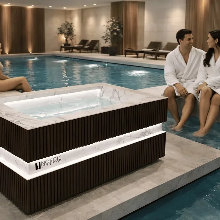 Banheira de imersão Nordic Vitality BJÖRN em Thermo Ash e Invisible White junto à piscina de um spa