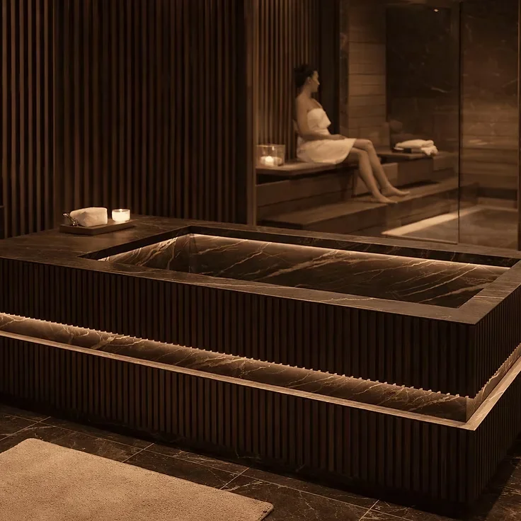 Banheira de imersão fria LOKI em Thermo Ash e Noir Désir num spa, com sauna em segundo plano