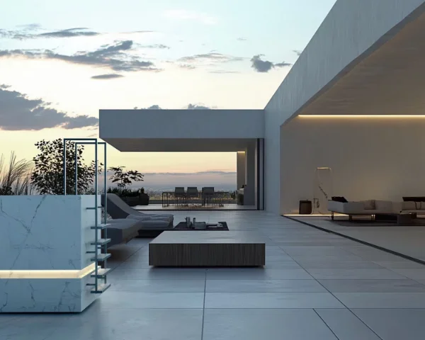 Banheira de gelo FRODE da Nordic Vitality para imersão profunda, em mármore branco com escada, num terraço moderno
